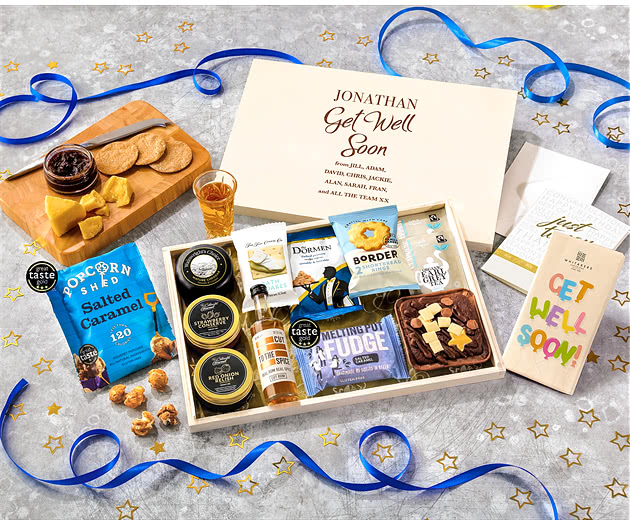 Get Well Soon Biscuit, Cheese & Cake Tea Time Letterbox Hamper With Spiced Rum