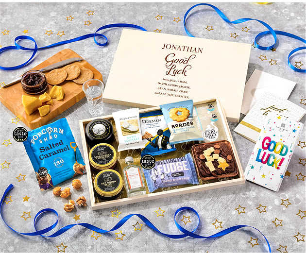 Good Luck Biscuit, Cheese & Cake Tea Time Letterbox Hamper With Cornish Gin