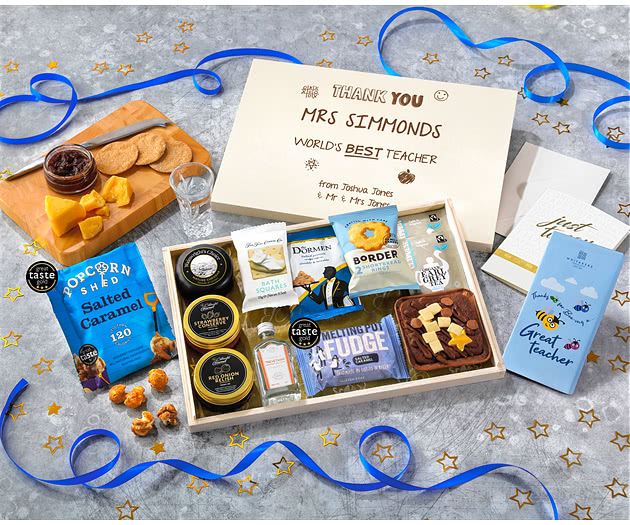Great Teacher Biscuit, Cheese & Cake Tea Time Letterbox Hamper With Cornish Gin