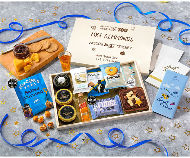 Great Teacher Biscuit, Cheese & Cake Tea Time Letterbox Hamper With Johnnie Walker Whisky
