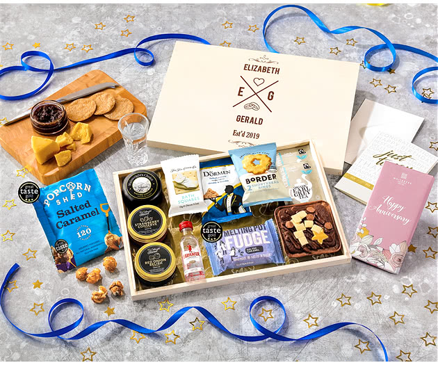 Anniversary Biscuit, Cheese & Cake Tea Time Letterbox Hamper With Beefeater Gin
