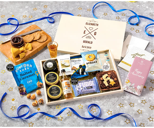 Anniversary Biscuit, Cheese & Cake Tea Time Letterbox Hamper With Spiced Rum