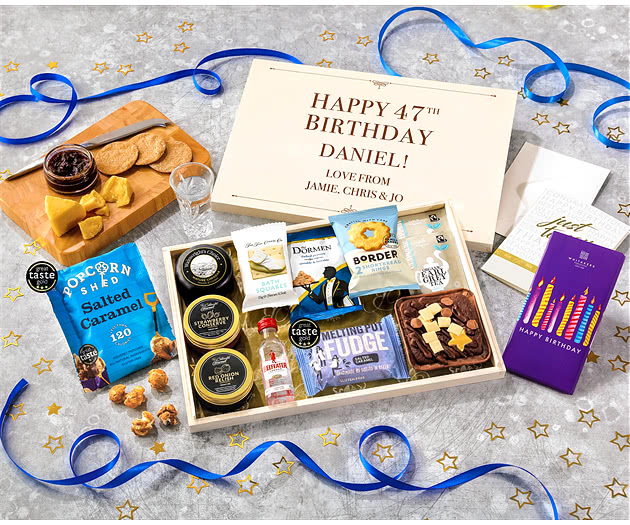 Birthday Biscuit, Cheese & Cake Tea Time Letterbox Hamper With Beefeater Gin