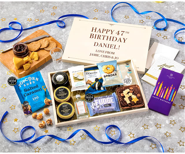 Birthday Biscuit, Cheese & Cake Tea Time Letterbox Hamper With Cornish Gin