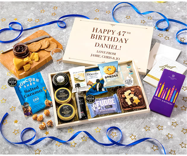 Birthday Biscuit, Cheese & Cake Tea Time Letterbox Hamper With Williams Gin