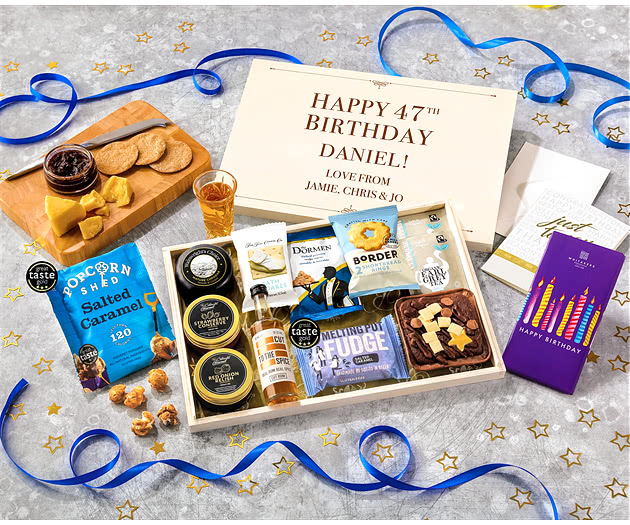 Birthday Biscuit, Cheese & Cake Tea Time Letterbox Hamper With Spiced Rum