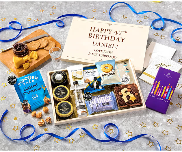Birthday Biscuit, Cheese & Cake Tea Time Letterbox Hamper With Chase Vodka