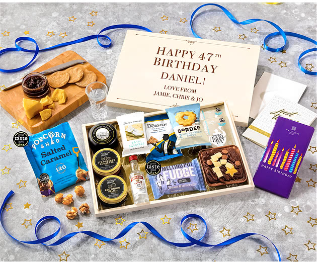 Birthday Biscuit, Cheese & Cake Tea Time Letterbox Hamper With Smirnoff Vodka