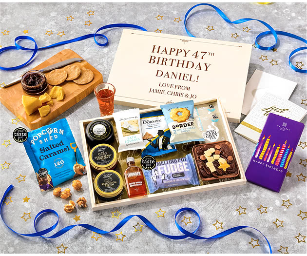 Birthday Biscuit, Cheese & Cake Tea Time Letterbox Hamper With Toffee Vodka