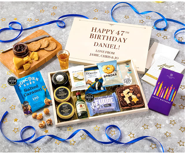 Birthday Biscuit, Cheese & Cake Tea Time Letterbox Hamper With Jameson Whisky