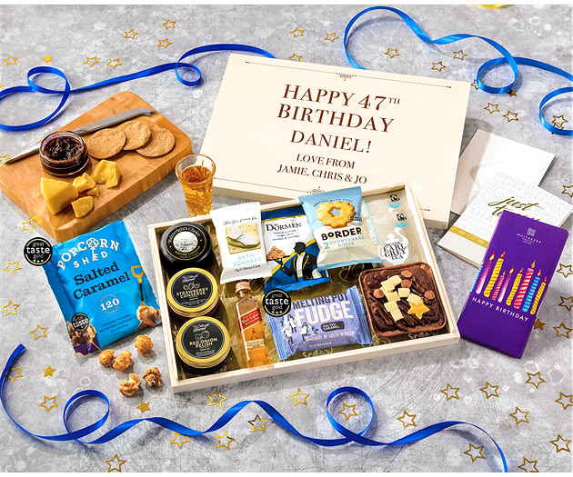 Birthday Biscuit, Cheese & Cake Tea Time Letterbox Hamper With Johnnie Walker Whisky