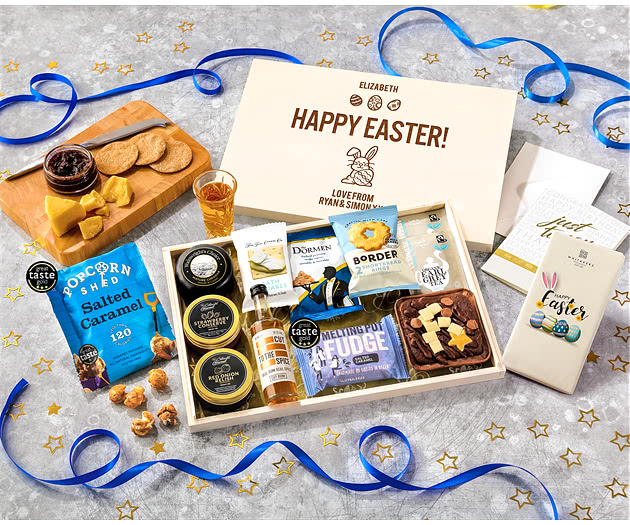 Easter Biscuit, Cheese & Cake Tea Time Letterbox Hamper With Spiced Rum