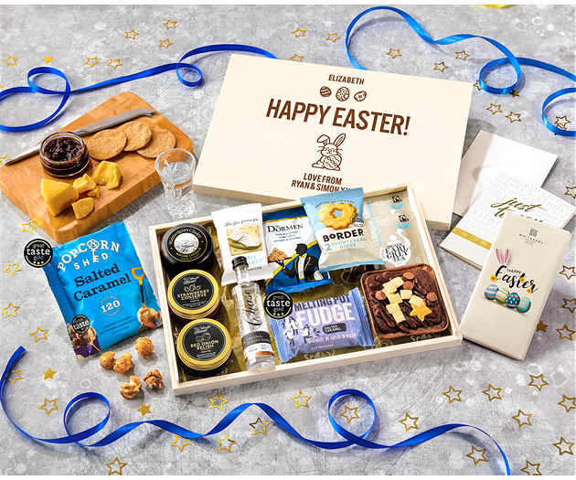 Easter Biscuit, Cheese & Cake Tea Time Letterbox Hamper With Chase Vodka