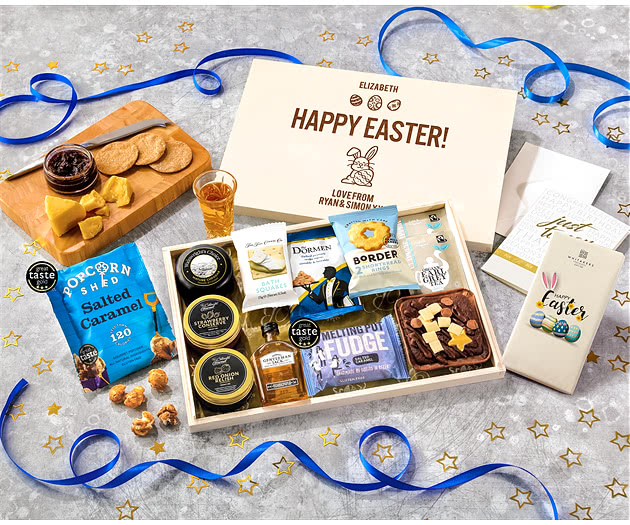 Easter Biscuit, Cheese & Cake Tea Time Letterbox Hamper With Gentleman Jack Whisky