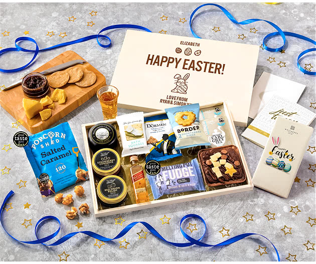 Easter Biscuit, Cheese & Cake Tea Time Letterbox Hamper With Johnnie Walker Whisky