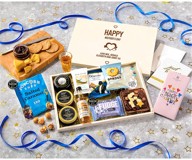 Mother's Day Biscuit, Cheese & Cake Tea Time Letterbox Hamper With Spiced Rum
