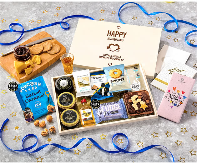 Mother's Day Biscuit, Cheese & Cake Tea Time Letterbox Hamper With Mount Gay Rum