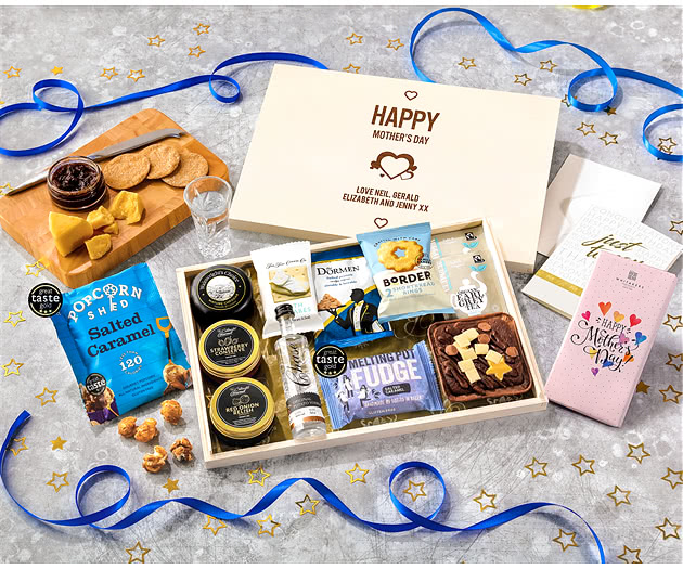 Mother's Day Biscuit, Cheese & Cake Tea Time Letterbox Hamper With Chase Vodka