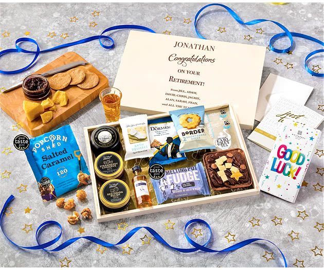 Retirement Biscuit, Cheese & Cake Tea Time Letterbox Hamper With Martell Cognac
