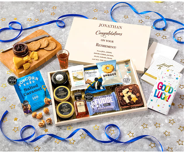 Retirement Biscuit, Cheese & Cake Tea Time Letterbox Hamper With Disaronno Liqueur