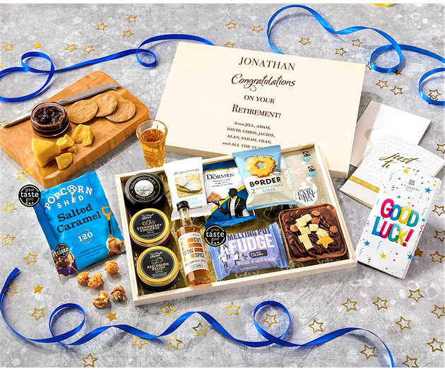 Retirement Biscuit, Cheese & Cake Tea Time Letterbox Hamper With Spiced Rum