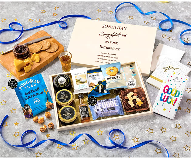 Retirement Biscuit, Cheese & Cake Tea Time Letterbox Hamper With Jack Daniel's Whisky