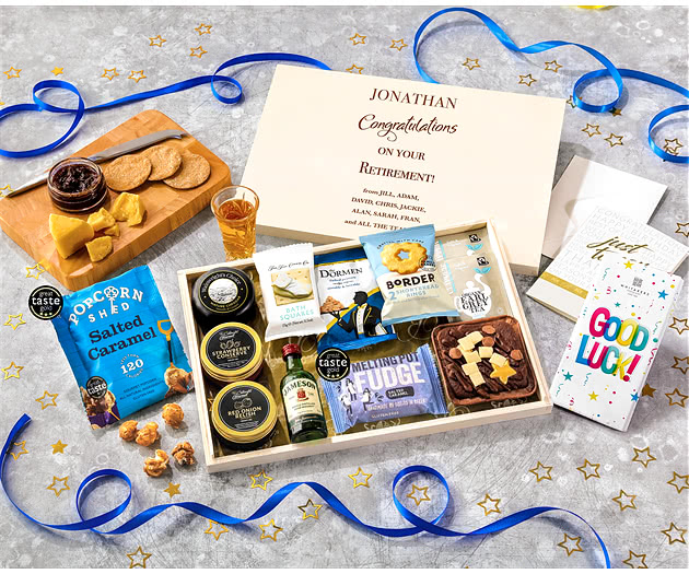 Retirement Biscuit, Cheese & Cake Tea Time Letterbox Hamper With Jameson Whisky