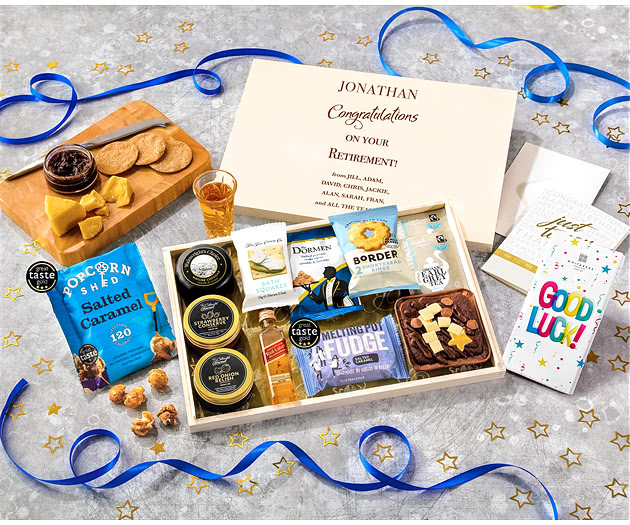 Retirement Biscuit, Cheese & Cake Tea Time Letterbox Hamper With Johnnie Walker Whisky