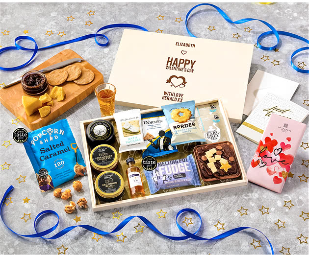 Valentine's Day Biscuit, Cheese & Cake Tea Time Letterbox Hamper With Martell Cognac