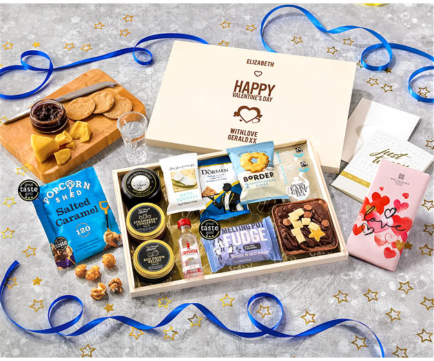 Valentine's Day Biscuit, Cheese & Cake Tea Time Letterbox Hamper With Beefeater Gin