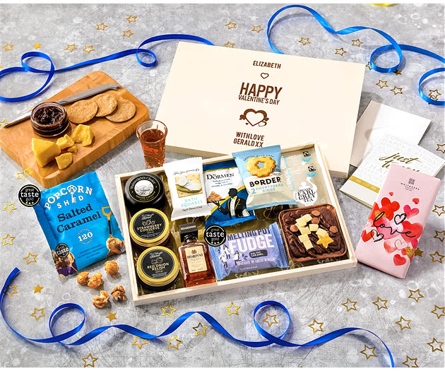 Valentine's Day Biscuit, Cheese & Cake Tea Time Letterbox Hamper With Disaronno Liqueur