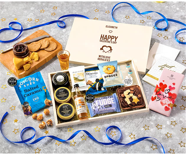 Valentine's Day Biscuit, Cheese & Cake Tea Time Letterbox Hamper With Spiced Rum