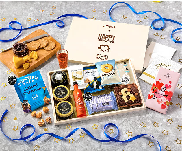 Valentine's Day Biscuit, Cheese & Cake Tea Time Letterbox Hamper With Marmalade Vodka