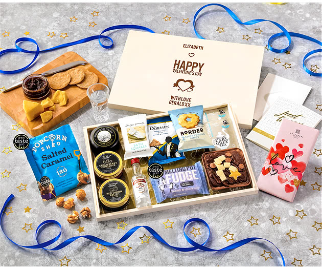 Valentine's Day Biscuit, Cheese & Cake Tea Time Letterbox Hamper With Smirnoff Vodka