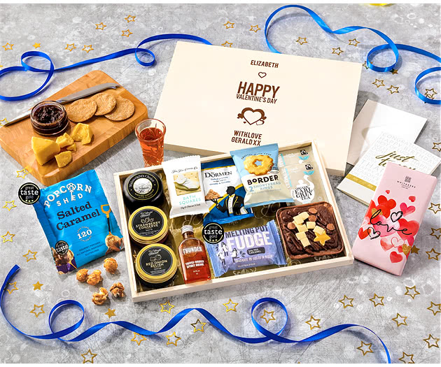 Valentine's Day Biscuit, Cheese & Cake Tea Time Letterbox Hamper With Toffee Vodka