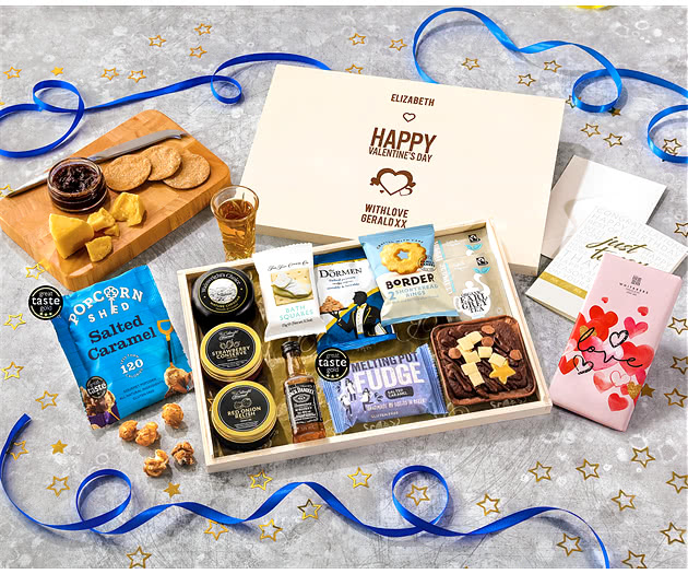 Valentine's Day Biscuit, Cheese & Cake Tea Time Letterbox Hamper With Jack Daniel's Whisky
