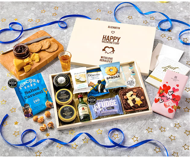 Valentine's Day Biscuit, Cheese & Cake Tea Time Letterbox Hamper With Jameson Whisky