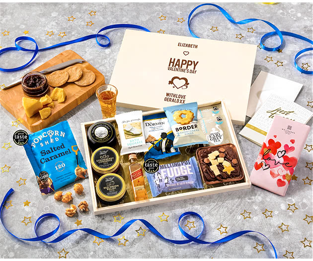 Valentine's Day Biscuit, Cheese & Cake Tea Time Letterbox Hamper With Johnnie Walker Whisky