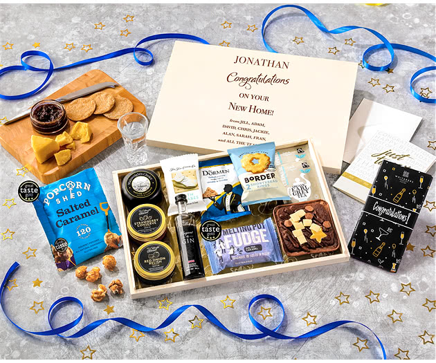 Housewarming Biscuit, Cheese & Cake Tea Time Letterbox Hamper With Williams Gin