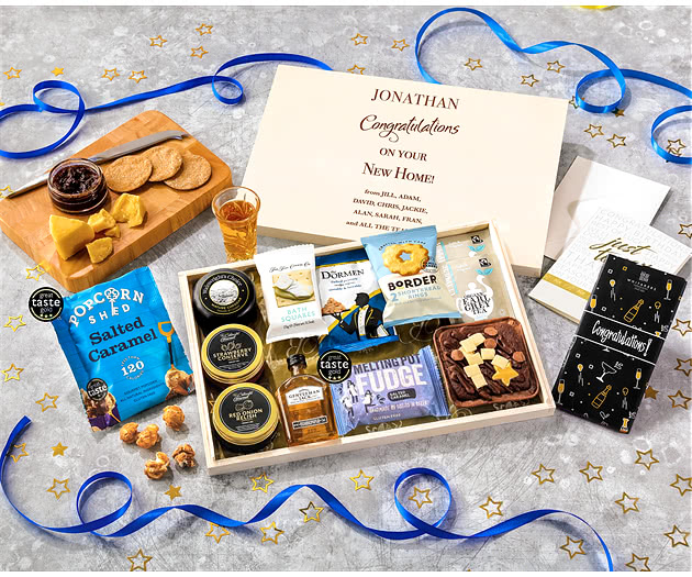 Housewarming Biscuit, Cheese & Cake Tea Time Letterbox Hamper With Gentleman Jack Whisky