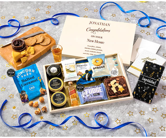 Housewarming Biscuit, Cheese & Cake Tea Time Letterbox Hamper With Johnnie Walker Whisky