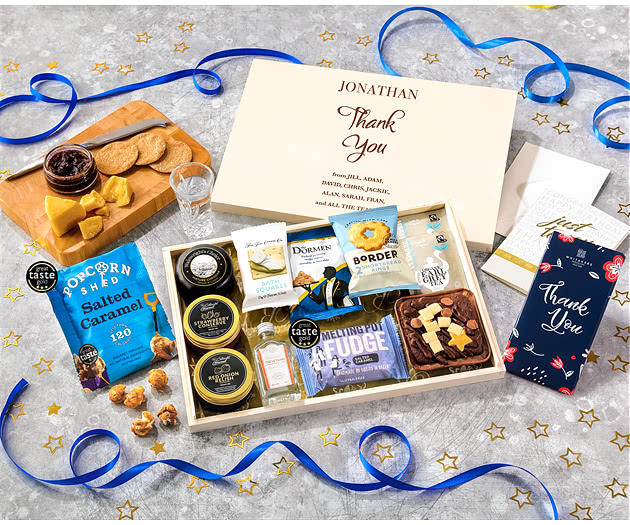 Thank You Biscuit, Cheese & Cake Tea Time Letterbox Hamper With Cornish Gin