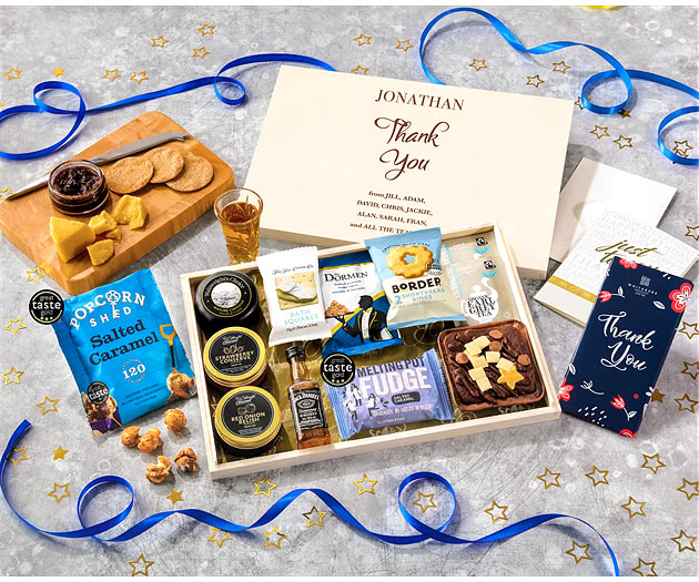 Thank You Biscuit, Cheese & Cake Tea Time Letterbox Hamper With Jack Daniel's Whisky