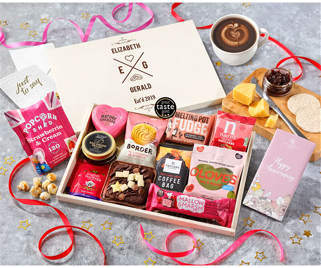 Anniversary Pink Treats & Cheese Letterbox Hamper With Gourmet Coffee
