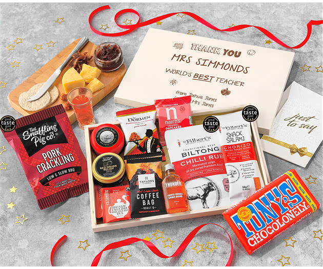 Great Teacher Coffee, Chilli Snacks & Cheese Letterbox Hamper With Toffee Vodka