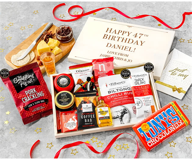 Birthday Coffee, Chilli Snacks & Cheese Letterbox Hamper With Mount Gay Rum
