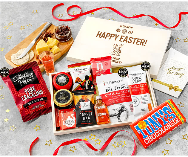 Easter Coffee, Chilli Snacks & Cheese Letterbox Hamper With Toffee Vodka