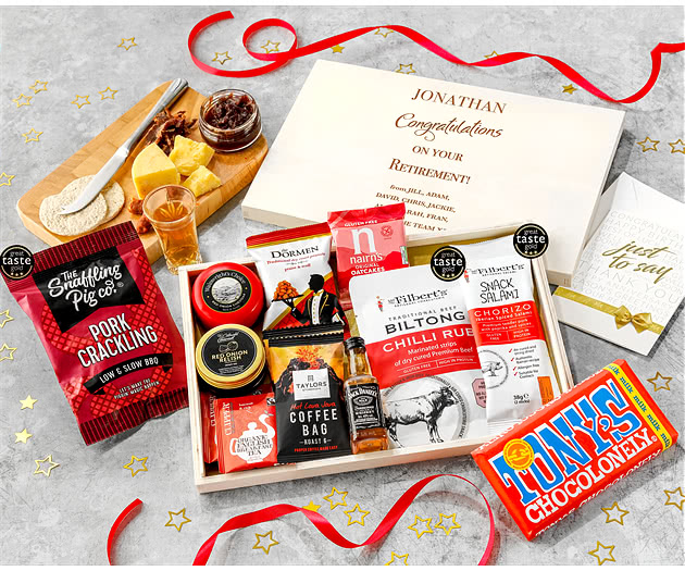 Retirement Coffee, Chilli Snacks & Cheese Letterbox Hamper With Jack Daniel's Whisky
