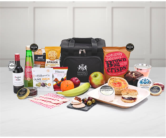 Small Picnic Cream Tea, Scones, Cheese & Fruit Hamper in Cooler Bag With Red Wine