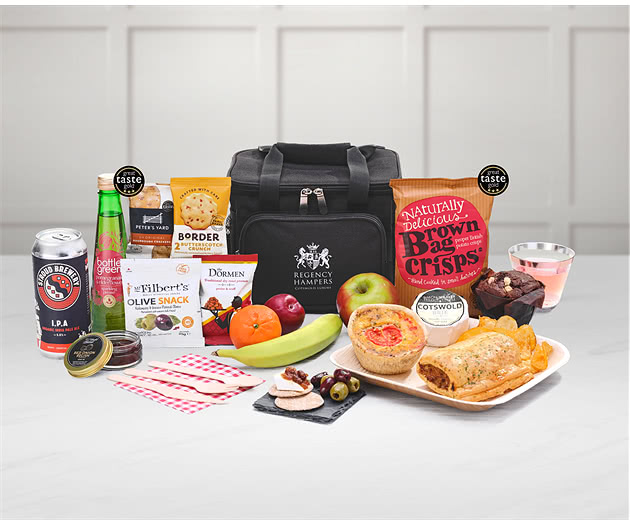 Small Picnic Pastries, Cheese, Snacks & Fruit Hamper in Cooler Bag With Ale